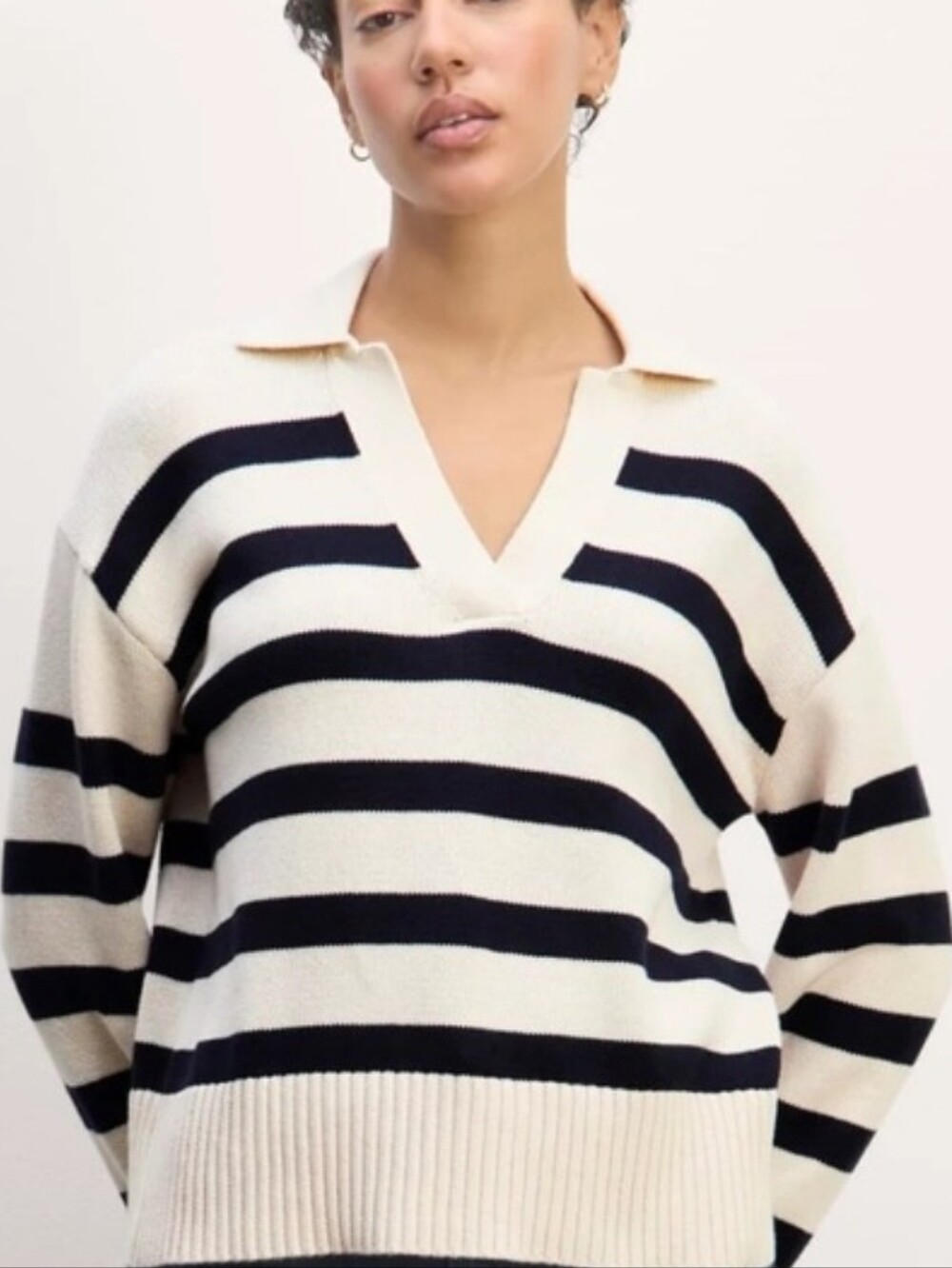 Everlane Cream and Black Striped Collared V-Neck Sweater, Size M